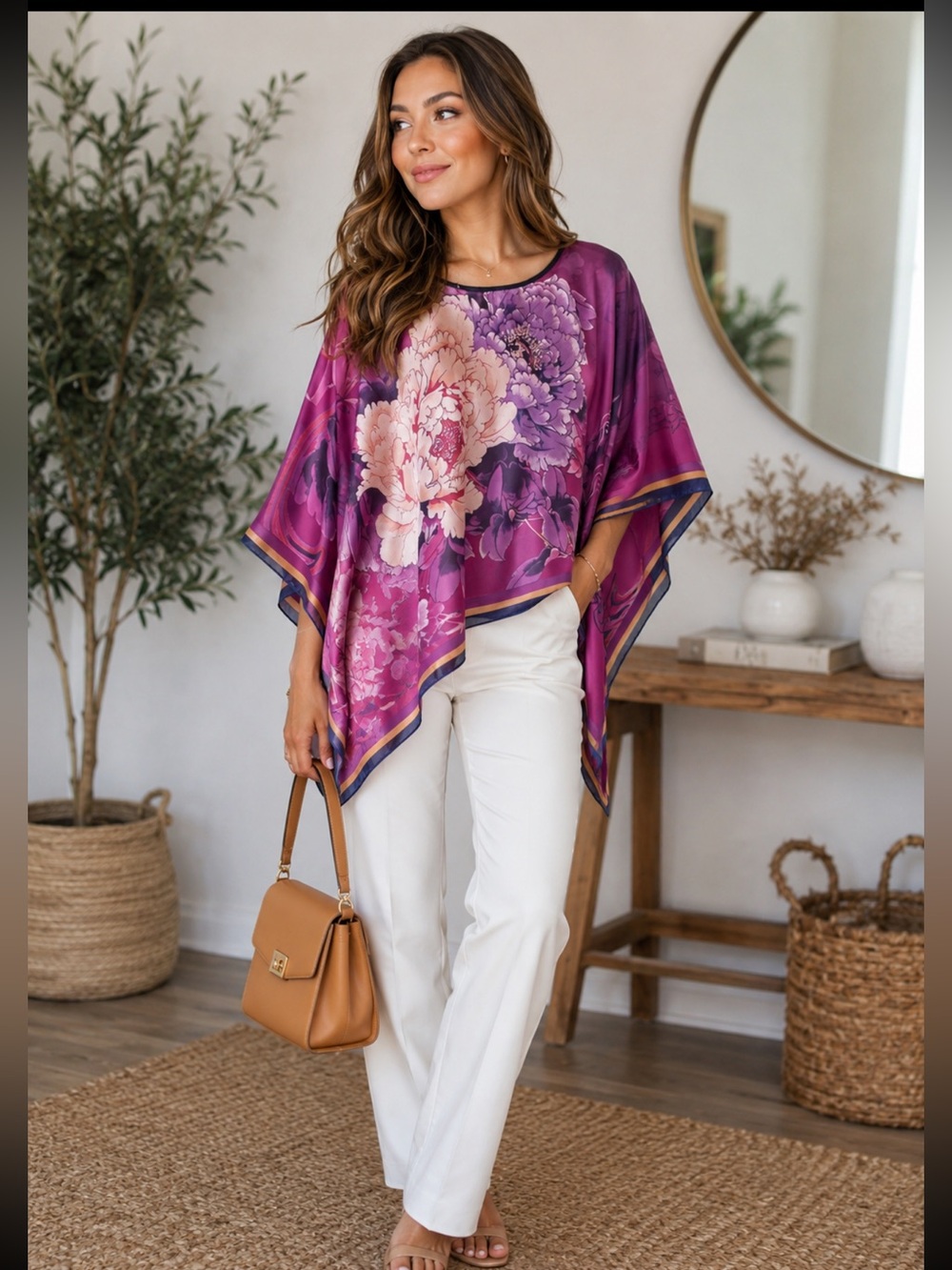Purple Floral Satin Poncho Top - Stylish Women's Blouse Shawl